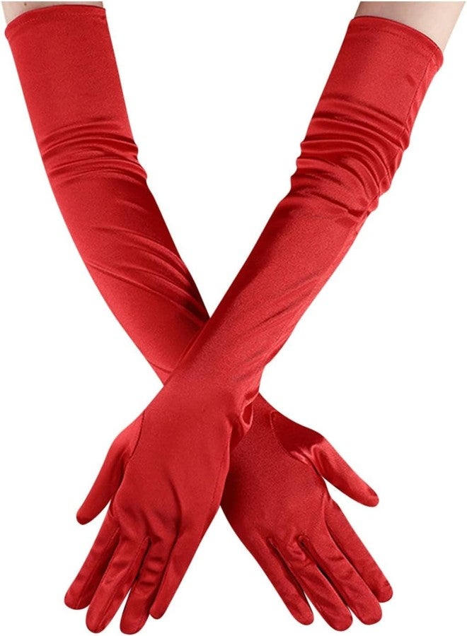 فانسي دريسويل قفازات ساتان طويلة من FancyDressWale للنساء، أنيقة لحفلات الأوبرا، بطول يصل إلى الكوع للرقص والأزياء التنكرية (أحمر، قياسي) - Image 5